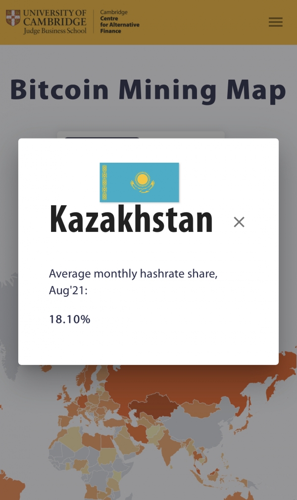카자흐스탄의 지난해 8월 글로벌 비트코인 채굴 산업 점유율(사진=케임브리지 비트코인 전력소비지수)