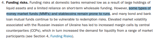 연준은 스테이블코인을 일부 채권과 특정 자금 시장 펀드와 함께 자금 조달의 위험성이 있다고 짚었다(사진=금융안정보고서)