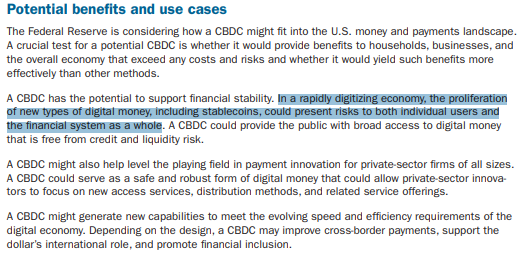 연준은 스테이블코인이 CBDC와 달리 위험성을 갖고 있다고 설명했다(사진=금융안정보고서)