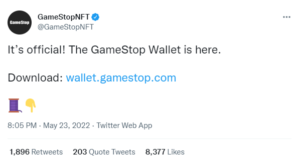 게임스톱이 NFT 지갑을 출시했다(사진=게임스톱 트위터 계정)