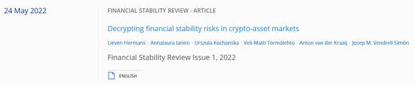 유럽중앙은행이 발간한 ‘시장 내 금융 안정성 위험 해독(Decrypting financial stability risks in crypto-asset markets)’ 보고서(사진=유럽중앙은행)