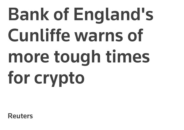 로이터는 영국 중앙은행의 부총재가 가상화폐 약세장을 시사했다고 보도했다(사진=로이터)