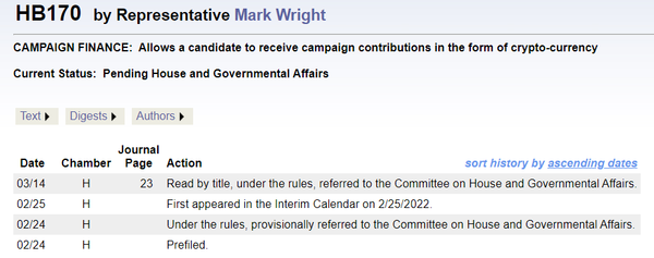 정당과 정치인들에게 가상화폐 기부를 할 수 있는 법적 틀을 마련하자는 내용을 포함한 하원법안 170호(사진=루이지아나주 의회)