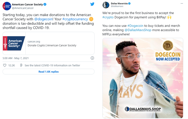 미국 암 협회(좌)와 댈러스 매버릭스의 도지코인 결제 허용 안내문(사진=트위터)