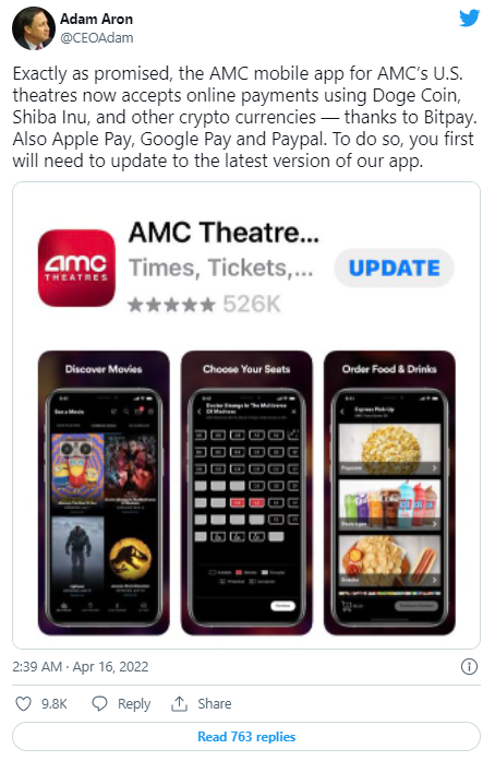 아담 아론 AMC 최고경영자가 지난 4월 트위터를 통해 도지코인과 시바이누 코인 등의 가상화폐를 도입했다고 언급했다(사진=트위터)