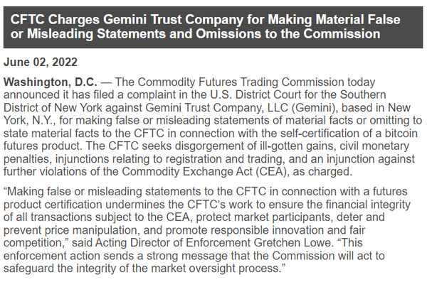 상품선물거래위원회(CFTC)가 허위 사실 제공 명목으로 제미니를 고소했다(사진=상품선물거래위원회 공식 웹사이트)