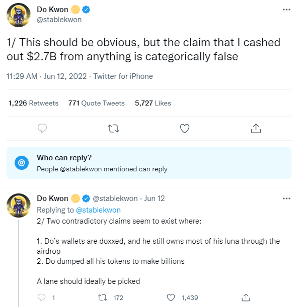 권도형 테라폼랩스 대표가 그가 가상화폐 ‘테라’의 생태계로부터 빼돌렸다는 소문을 부인했다(사진=트위터)