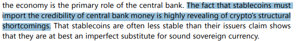국제결제은행은 스테이블코인이 중앙은행 화폐의 신뢰성 부문을 채택해야 한다는 것 자체가 구조적인 단점을 드러내는 사항이라고 설명했다(사진=‘미래 통화 시스템(The Future monetary system)’ 보고서)