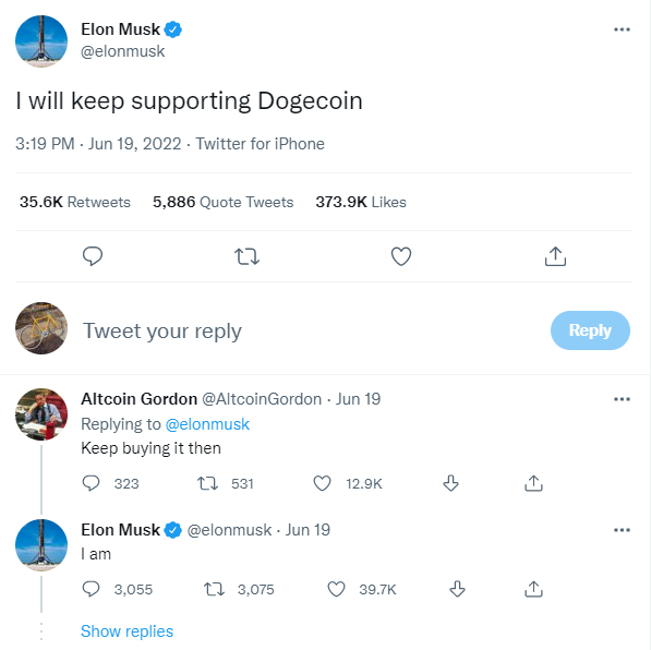 일론 머스크 최고경영자는 최근 ‘도지코인’에 대한 지속적인 지지 의사를 표명했고, 현재도 구매 중이라고 설명했다(사진=트위터)