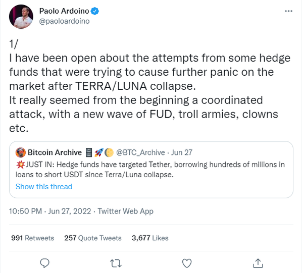 스테이블코인인 테더의 최고기술책임자가 생태계를 둘러싼 악성루머에 대해 입을 열었다(사진=트위터)