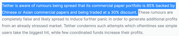 테더는 해당 기업이 보유한 기업어음 85%가 중국 또는 아시아 지역 자본에 의해 뒷받침되며 30% 인하된 가격에 거래되고 있다는 소문은 사실이 아니라고 못 박았다(사진=테더)