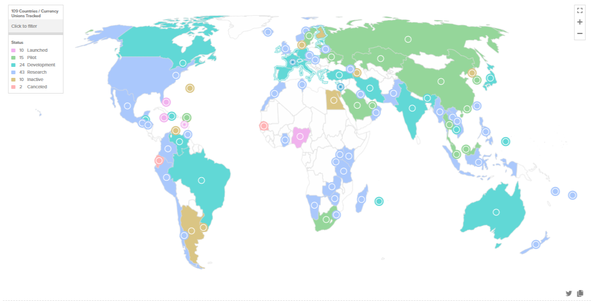 애틀랜틱카운슬이 공개한 전 세계 디지털 화폐 개발 현황(분홍색: 출시, 초록색: 시제품, 청록색: 개발, 하늘색:연구, 황토색: 비활성화, 살구색: 취소)(사진=애틀랜틱카운슬)