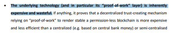 유럽중앙은행은 보고서를 통해 비트코인 네트워크가 사용하는 작업증명(PoW) 방식은 낭비적이며 비용적인 측면에서 비싸다고 짚었다(사진=‘국경을 넘나드는 지불의 성배를 향해’ 보고서)