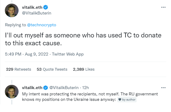 以太坊创始人 Vitalik Buterin 透露，他曾使用 TornatoCash 支持乌克兰，并补充说他将其用于接收者的安全（图片来源=Twitter/Vitalik Buterin）