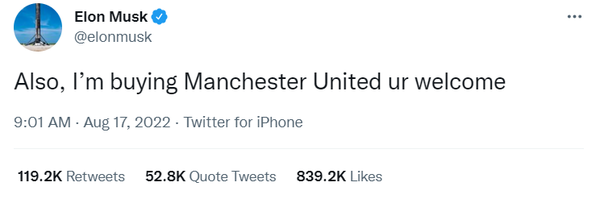 일론 머스크 최고경영자가 ‘맨체스터 유나이티드’를 인수하겠다는 내용의 트위터 게시글을 올렸다(사진=트위터/일론 머스크)