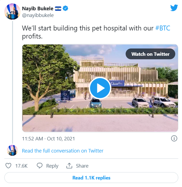 나입 부켈레 엘살바도르 대통령은 지난해 10월 국립 비트코인 기반 동물 병원을 만들겠다고 발표했다 (사진=트위터/ 나입 부켈레)