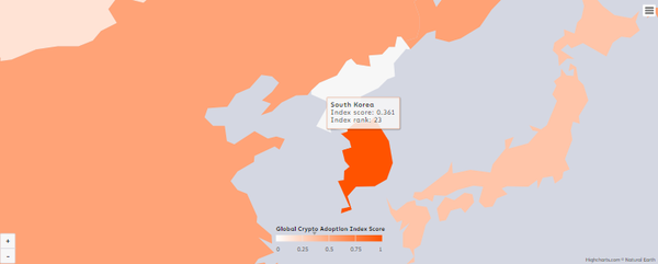우리나라는 전체 ‘2022 글로벌 가상자산 도입 지수’ 순위에서 23등을 차지했다(사진=체이널리시스)