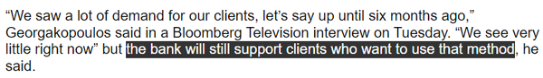 타키스 게오르가코풀로스 제이피모건 글로벌결제 책임자는 블룸버그와의 TV 인터뷰에서 가상화폐 시장 진출을 희망하는 고객들을 지속적으로 지원할 것이라고 언급했다(사진=블룸버그)
