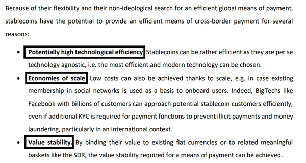 유럽중앙은행은 스테이블코인이 ‘높은 기술 효율성’, ‘규모의 경제’, ‘가치 안정성’ 등의 장점을 가졌다고 소개했다(사진=‘국경을 넘나드는 지불의 성배를 향해’ 보고서)