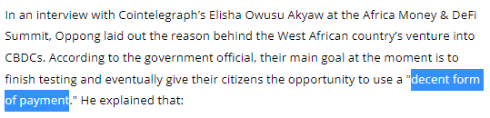 가나 중앙은행의 핀테크 및 혁신 책임자는 디지털화폐가 현지 이용자들에게 ‘적절한 지불 형태’가 될 것이라고 내다봤다(사진=코인텔레그래프)