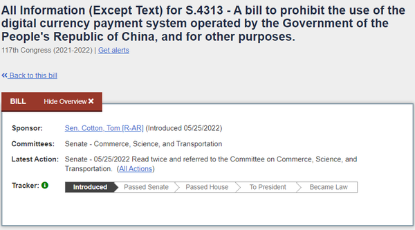 미국 앱스토어 내 중국 디지털 위안 결제를 금지하자는 상원법안 4313(사진=미국 의회 공식 홈페이지)