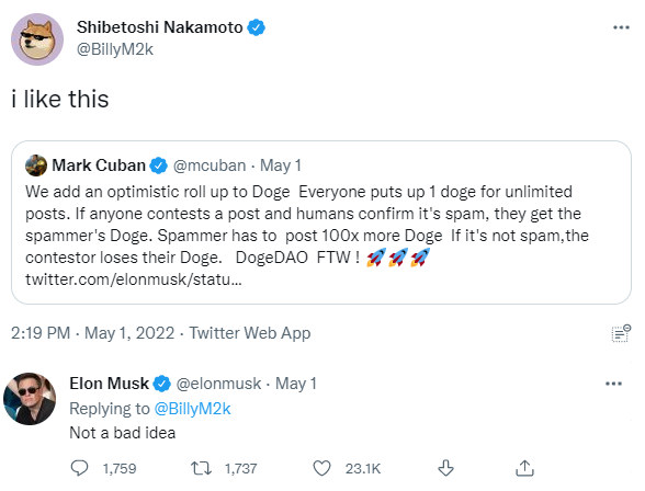 테슬라 일론 머스크 최고경영자가 도지코인을 통한 스팸 메시지 줄이자는 의견에 나쁘지 않다고 언급했다(사진=트위터/ 일론 머스크)