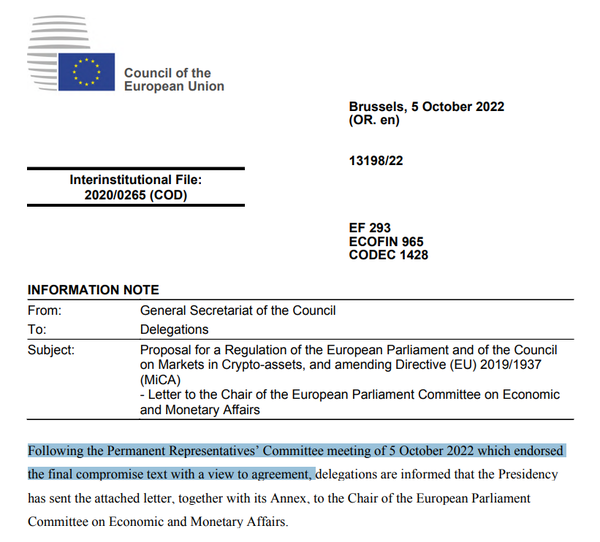 유럽이사회는 지난 10월 5일 공문을 통해 상임이사국 회의에서 ‘미카’ 최종 타협안을 승인했다고 밝혔다(사진=유럽이사회)