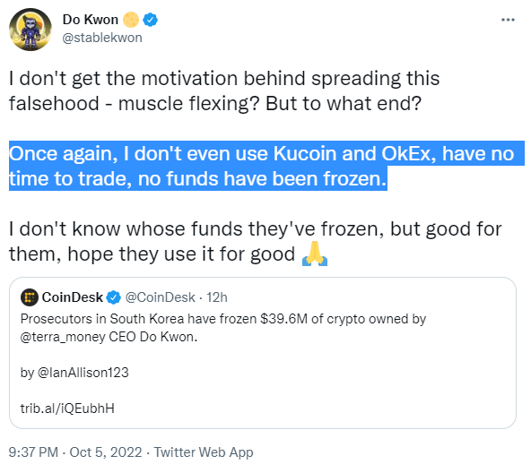 권도형 테라폼랩스 대표는 자신이 ‘오케이엑스’를 사용한 적이 없다고 언급했다(사진=트위터/ 권도형)