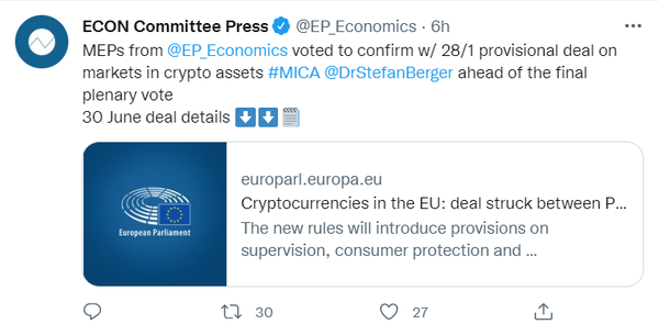 유럽의회 경제통화위원회가 현지 가상화폐 규제안인 ‘미카’를 표결을 통해 승인했다(사진=트위터/ 유럽의회 경제통화위원회)