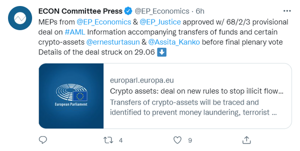 유럽의회 경제통화위원회는 같은 날 가상화폐 송금 관련 규제안도 통과시켰다(사진=트위터/ 유럽의회 경제통화위원회)