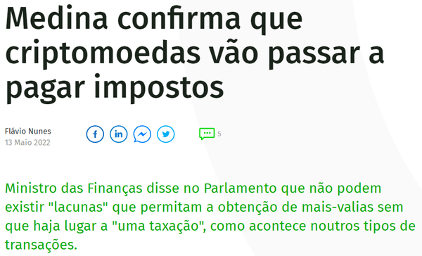 포르투갈 현지매체는 지난 5월 현지 재무부 장관이 가상화폐 양도소득세 도입을 시사했다고 보도했다(사진=eco.sapo)