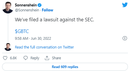 마이클 소넨샤인 그레이스케일 최고경영자는 지난 6월 비트코인 현물 상장지수펀드 승인을 반려한 미국 증권거래위원회를 제소했다(사진=트위터/ 마이클 소넨샤인)