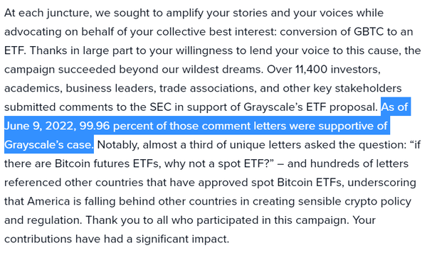 그레이스케일은 지난 6월 9일(현지시간)을 기준으로 총 99.96%의 설문 참여자가 비트코인 현물 상장지수펀드 승인을 희망한다고 답했다고 알렸다(사진=그레이스케일)