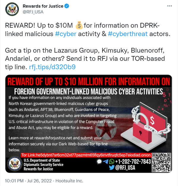 미국 국무부가 북한 해커 집단에 대한 현상금을 1천만 달러로 상향했다(사진=트위터/미국 국무부)
