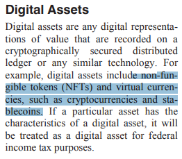 미국 국세청은 과세 가능한 ‘디지털자산’의 항목으로 대체불가토큰과 스테이블코인을 거론했다(사진=‘2022년 과세연도 지침 보고서’ 초안)