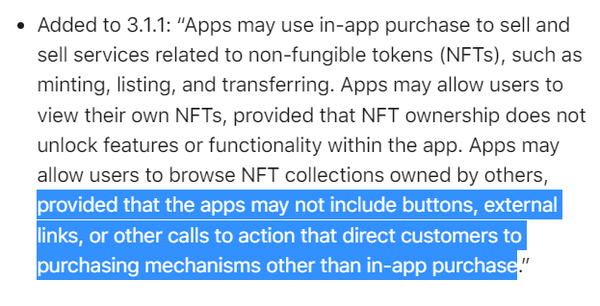 애플은 대체불가토큰 이용이 ‘인-앱’ 결제 이외의 지불 방식으로 외부 링크 또는 기타 클릭 유도문이 포함되지 않아야 한다고 규정을 통해 밝혔다(사진=애플)