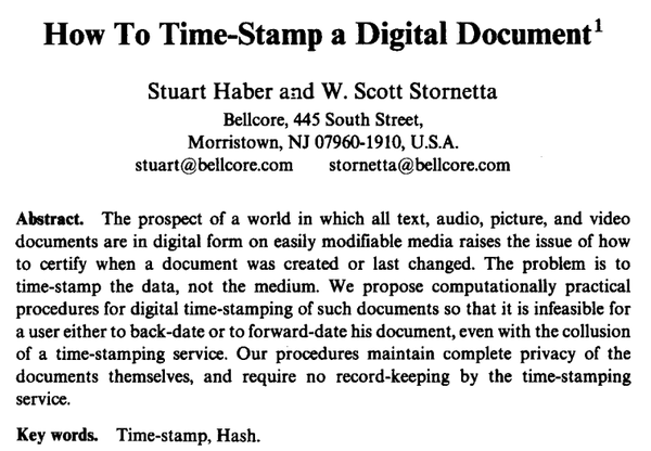 ‘디지털 문서 내 타임스탬프 사용방법’ 논문은 지난 1990년 8월 11일 발간됐다(사진=‘디지털 문서 내 타임스탬프 사용방법’)