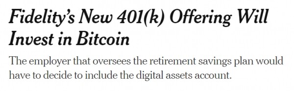뉴욕타임스는 지난 4월 26일(현지시간) 피델리티가 퇴직연금을 통해 비트코인 시장에 참여를 결정했다고 보도했다(사진=뉴욕타임스)
