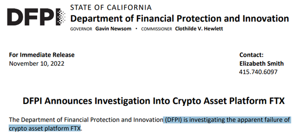  캘리포니아주 금융보호혁신국(DFPI)은 최근 에프티엑스 거래소 파산에 대해 자체적인 조사에 돌입했다는 성명서를 냈다(사진=캘리포니아주 금융보호혁신국)