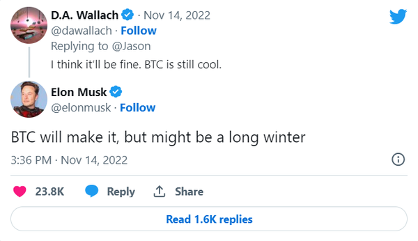 일론 머스크 최고경영자는 지난 11월 14일(현지시간) 비트코인이 반등에 성공할 것이란 의견을 내비쳤다(사진=트위터/ 일론 머스크)