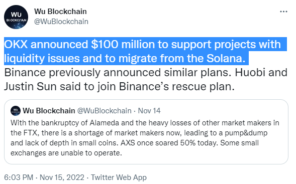 오케이엑스의 가상화폐 생태계 지원 계획은 우블록체인을 통해 공개됐다(사진=트위터/ 우블록체인)