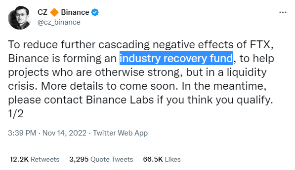 자오 창펑 최고경영자는 지난 11월 14일(현지시간) 가상화폐 생태계 재건을 위해 ‘산업 회복 기금(Industry Recovery Fund)’을 조성하겠다고 밝혔다(사진=트위터/ 자오 창펑)