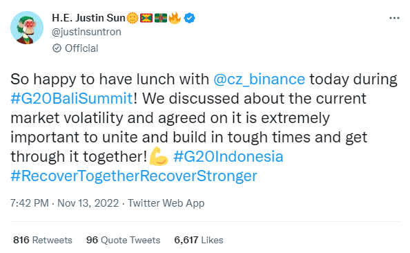 저스틴 선 트론 최고경영자는 지난 11월 13일(현지시간) 바이낸스 최고경영자를 만나 산업 재건을 논의했다고 밝혔다(사진=트위터/ 저스틴 선)