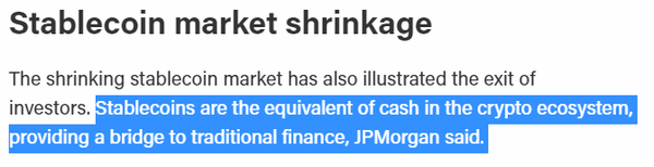 제이피모건은 스테이블코인이 가상화폐 생태계에서 현금에 해당하며 전통 금융으로 가는 다리를 제공한다고 말했다(사진=더블록)