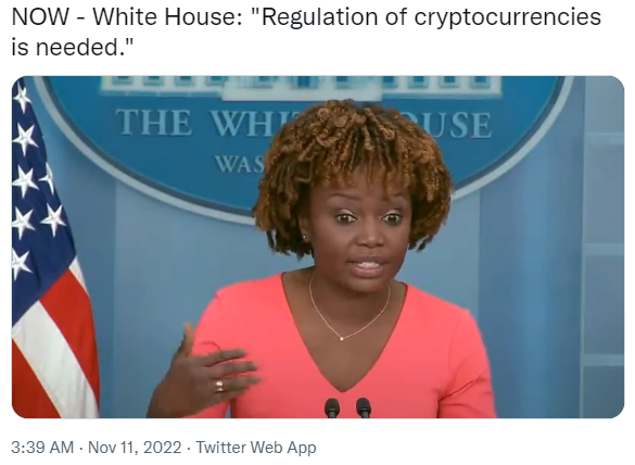 백악관이 에프티엑스 사태와 관련해 가상화폐 시장 규제가 필요하다고 말했다(사진=트위터/ 디스클로즈.텔레비전(Disclose.tv))