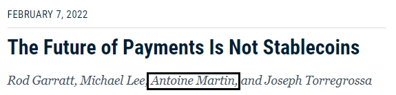 앙투안 마틴 뉴욕 연은 연구자문위원은 지난 2월 스테이블코인이 지불의 미래가 될 수 없다고 피력했다(사진=뉴욕 연방준비은행)
