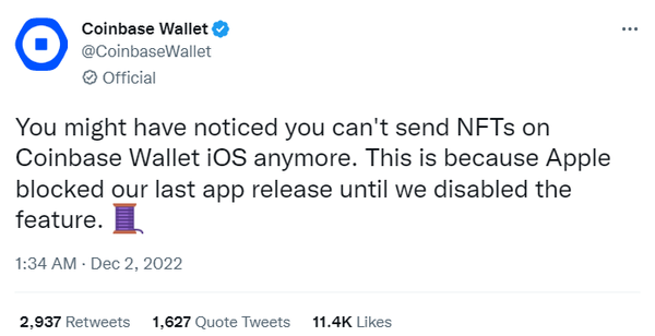 ‘코인베이스 월렛’은 애플이 대체불가토큰 전송 수수료 취득을 위해 애플리케이션을 차단시켰다고 설명했다(사진=트위터/ 코인베이스 월렛(Coinbase Wallet))
