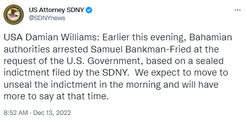 뉴욕남부검찰청이 샘 뱅크먼-프리드 전 최고경영자의 체포 소식을 전했다(사진=트위터/ 뉴욕남부검찰청(SDNY))