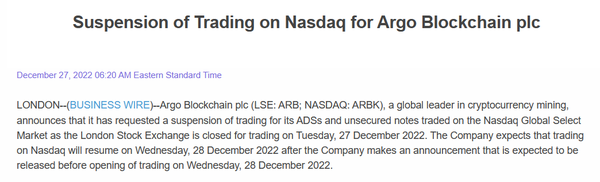 아르고블록체인은 지난 12월 27일(현지시간) 나스닥 증권거래소에 주식 거래 중단을 요청했다(사진=비즈니스와이어/ BusinessWire)
