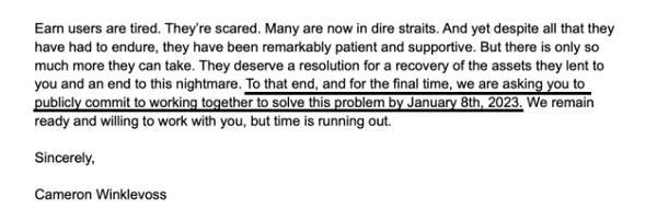카메론 윙클보스 제미니 최고경영자는 제네시스트레이딩에 오는 1월 8일까지 부채상환에 대한 답변을 달라고 요청했다(사진=트위터/ 카메론 윙클보스)